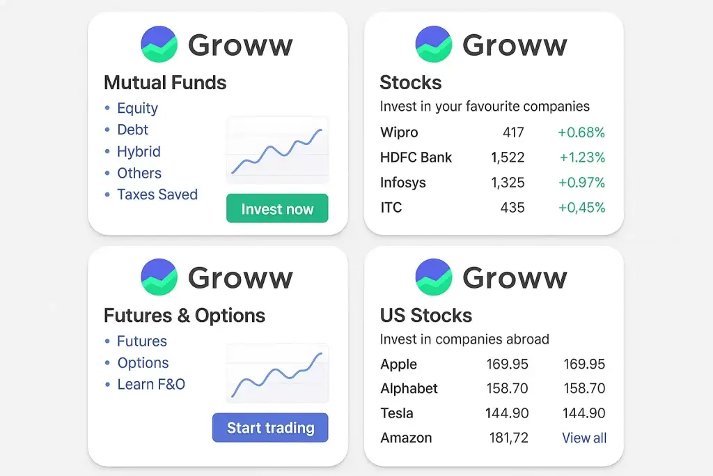 What is Groww and How Does It Work? 2 Groww investment categories showing Mutual Funds, Stocks, Futures and Options, and US Stocks with growth charts and company prices.
