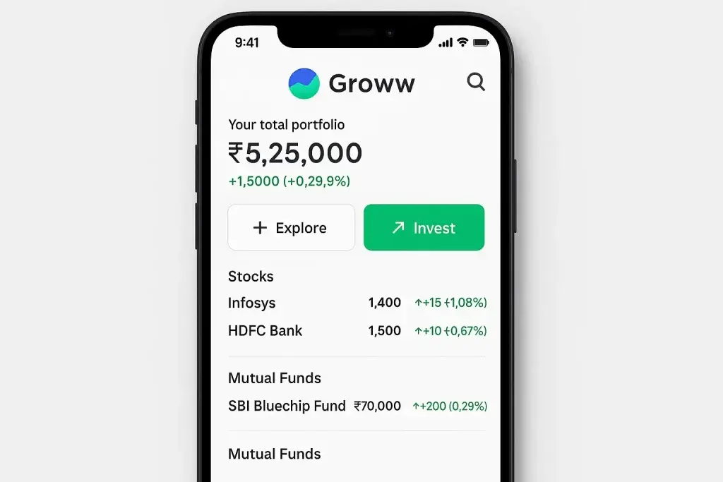 What is Groww and How Does It Work? 1 Groww app portfolio dashboard showing total investment value, stocks, and mutual fund performance on a smartphone screen.