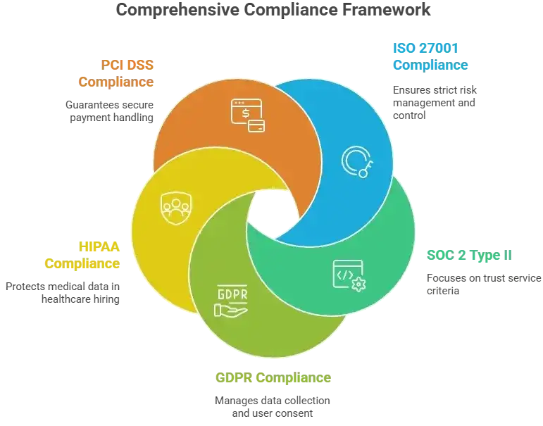 White-label Indeed App Security: Is It Really Safe in 2026? 2 Circular infographic showing five essential app security and compliance standards including ISO 27001, SOC 2 Type II, PCI DSS, HIPAA, and GDPR.