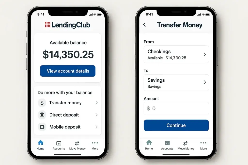 What is LendingClub and How Does It Work? 2 Two smartphone screens showing the LendingClub mobile app, with one screen displaying the available balance and money management options, and the other screen showing the transfer money interface between accounts.