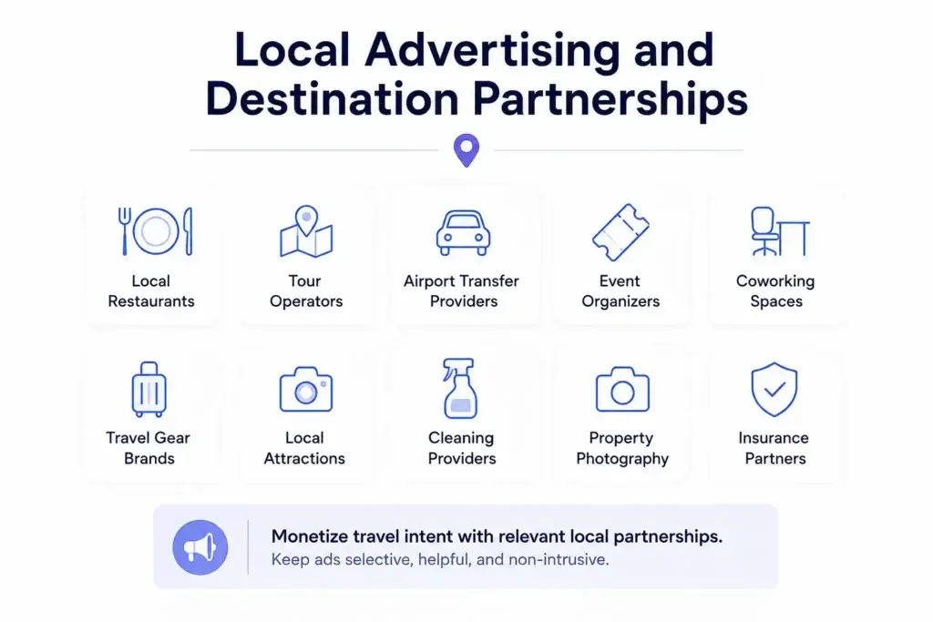 How Short-Term Rental Marketplaces Make Money Beyond Booking Commissions 2 Local advertising and destination partnerships for rental marketplaces featuring restaurants, tour operators, transport, events, coworking, and travel services.
