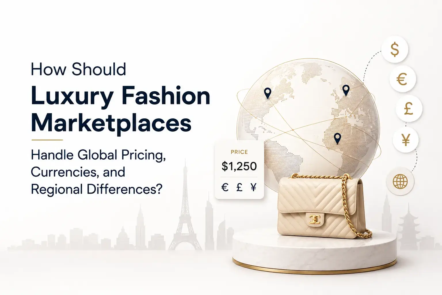 Luxury fashion marketplace global pricing illustrated with international currencies, regional locations, and a premium handbag.