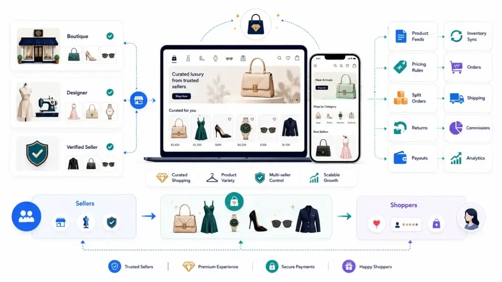 How Luxury Multi-Brand Fashion Marketplaces Work: Business Model, User Flow, and Founder Lessons 1 Luxury fashion marketplace workflow showing boutiques, designers, verified sellers, product feeds, inventory sync, orders, shipping, returns, payouts, commissions, and analytics