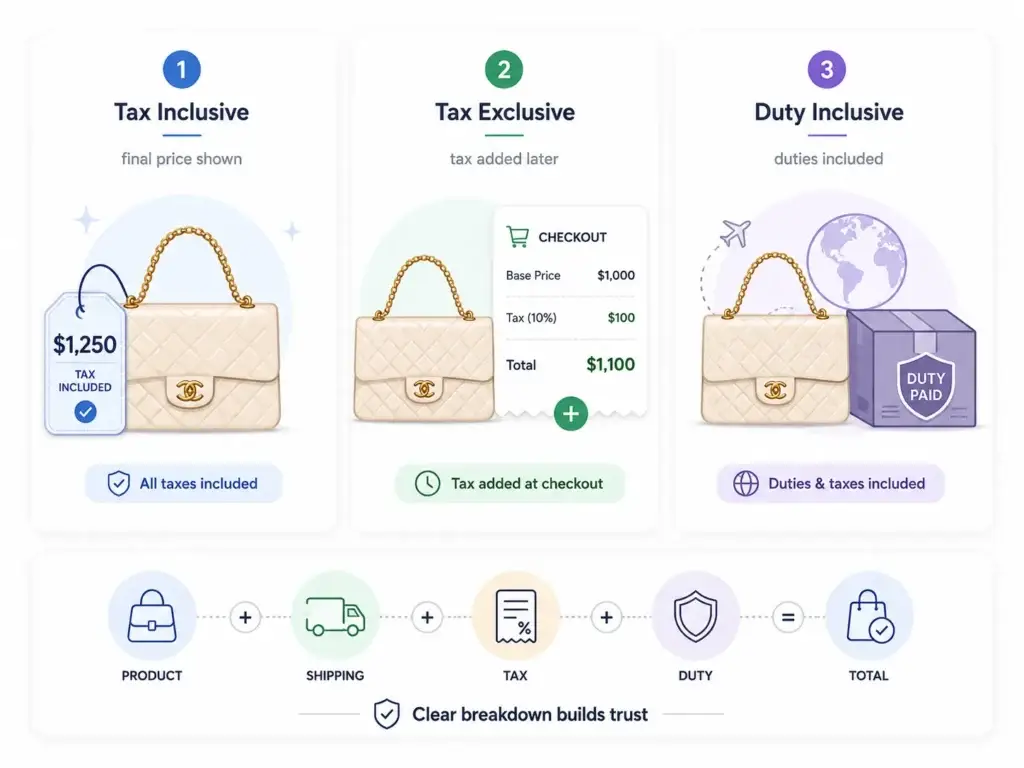 How Should Luxury Fashion Marketplaces Handle Global Pricing, Currencies, and Regional Differences? 1 Luxury fashion marketplace pricing comparison showing tax-inclusive, tax-exclusive, and duty-inclusive checkout models.