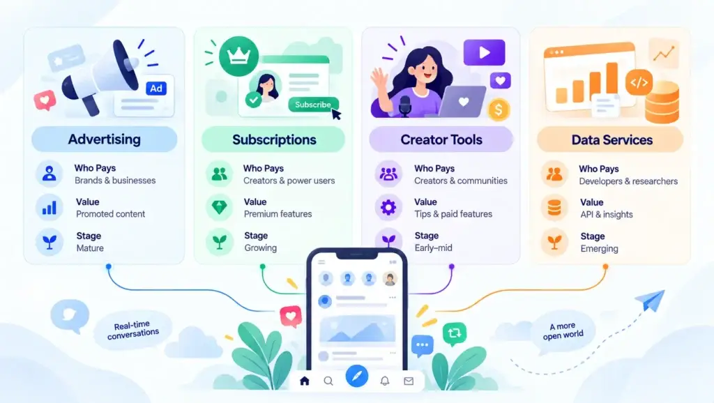 How Real-Time Microblogging Platforms Generate Revenue From Ads, Subscriptions, Creator Tools, and Data Services 1 Comparison of advertising, subscriptions, creator tools, and data services as microblogging platform revenue streams