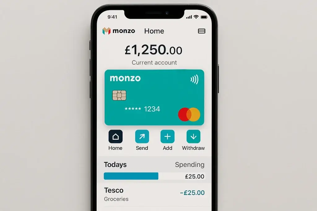 What is Monzo App and How Does It Work? 1 Monzo mobile app interface showing current account balance, debit card, and daily spending insights on a smartphone screen.