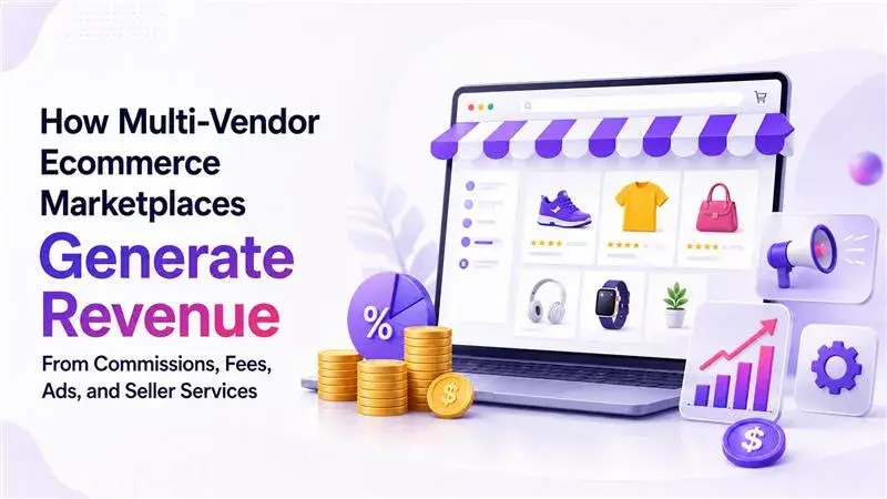 Multi-vendor ecommerce marketplace revenue model using seller commissions, platform fees, advertising, and paid seller services.