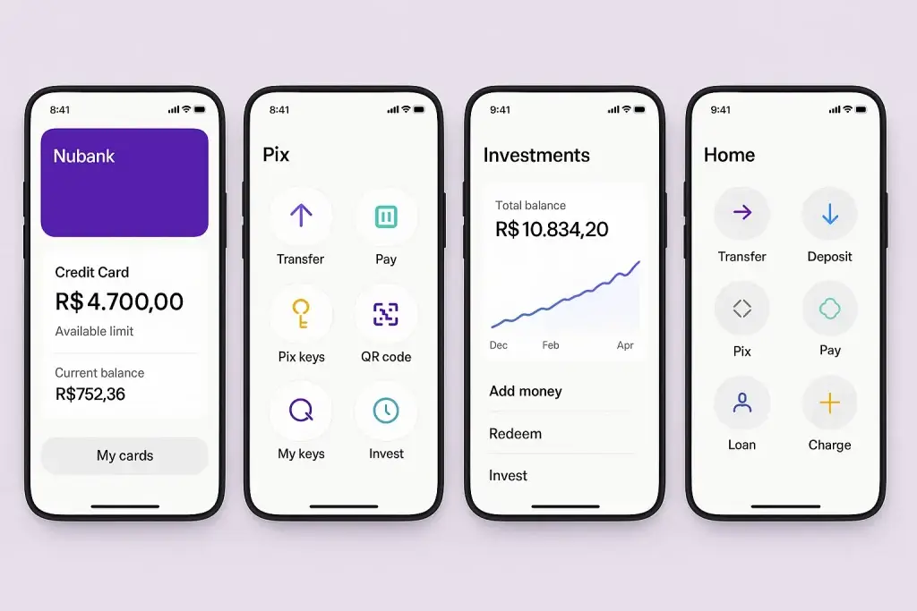 What is Nubank and How Does It Work? 2 Four Nubank app screens displaying credit card summary, Pix transfer options, investment balance, and home dashboard.