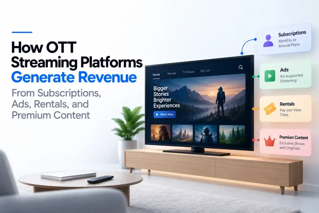 OTT streaming platform revenue model showing subscriptions, ads, rentals, and premium content monetization.