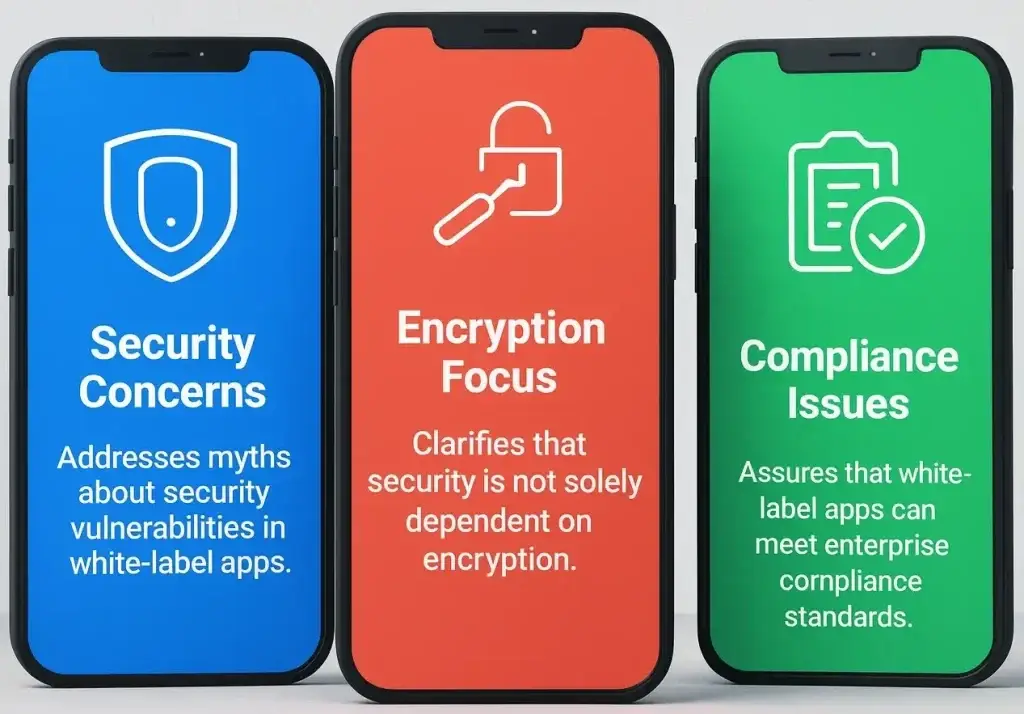 How Safe is a White-label Postmates App? Security Guide 2026 1 Three mobile screens displaying security concerns, encryption focus, and compliance issues in white-label apps.