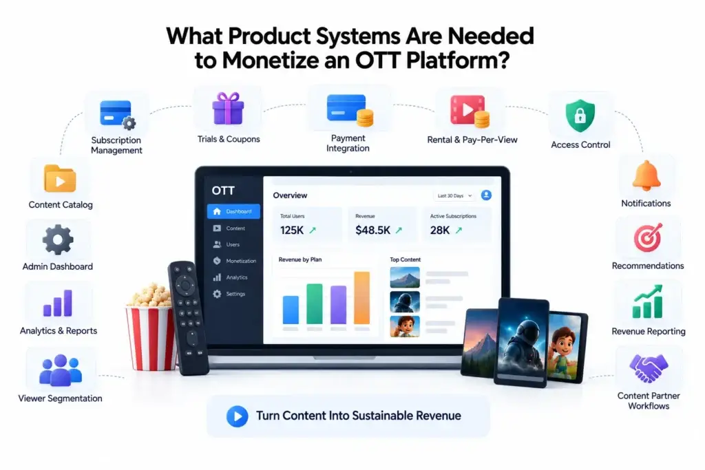 How OTT Streaming Platforms Generate Revenue From Subscriptions, Ads, Rentals, and Premium Content 2 OTT platform monetization systems showing subscription management, trials, payments, rentals, access control, analytics, recommendations, and revenue reporting.
