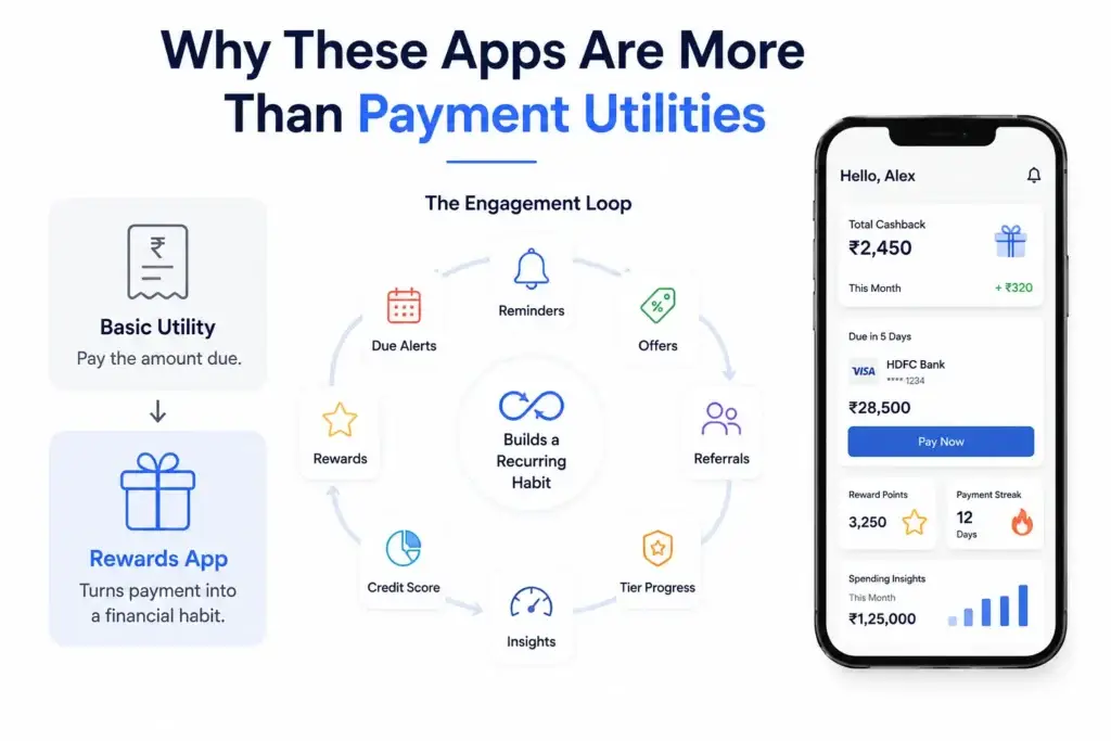 How Credit Card Bill Payment and Rewards Apps Work: User Journey, Trust Logic, and Engagement Model 1 Rewards app engagement loop showing bill payments, reminders, offers, referrals, credit score, insights, rewards, and tier progress.