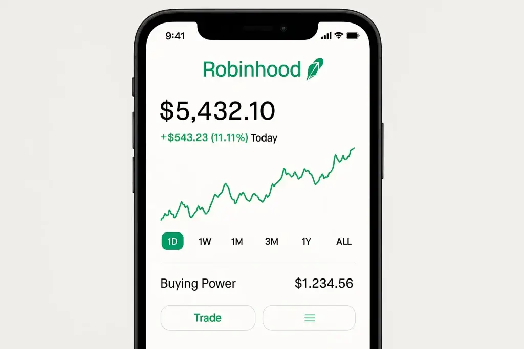 What is Robinhood App and How Does It Work? 1 Robinhood investing app showing portfolio balance, daily profit, and a green upward stock performance chart on a smartphone screen.