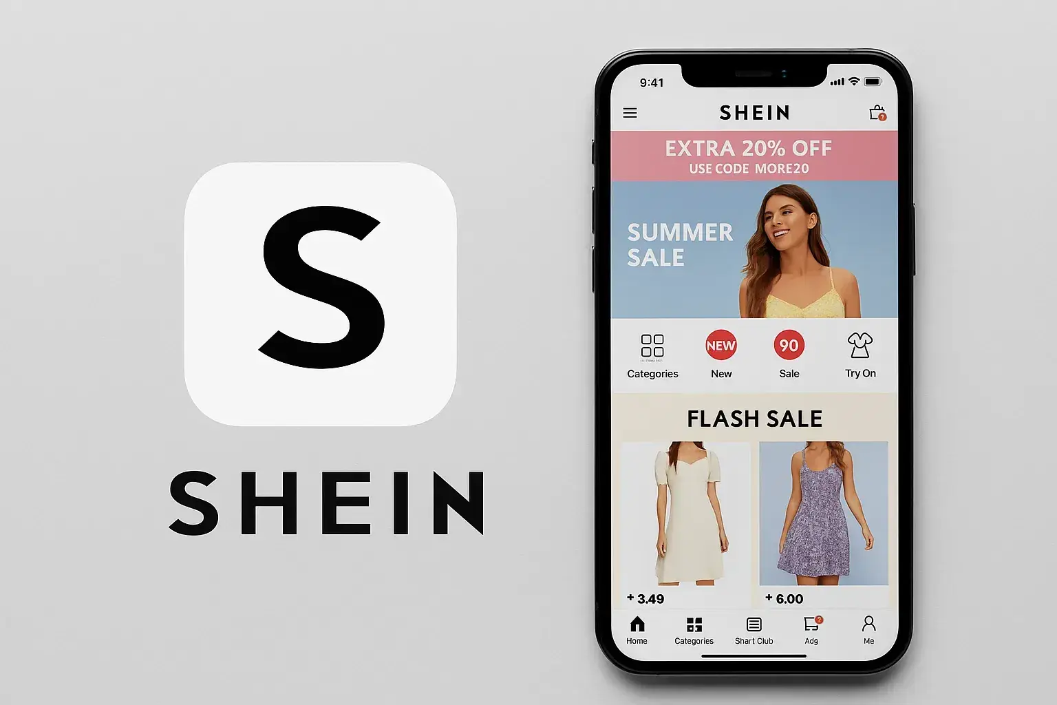 SHEIN app logo with smartphone displaying app interface and shopping categories