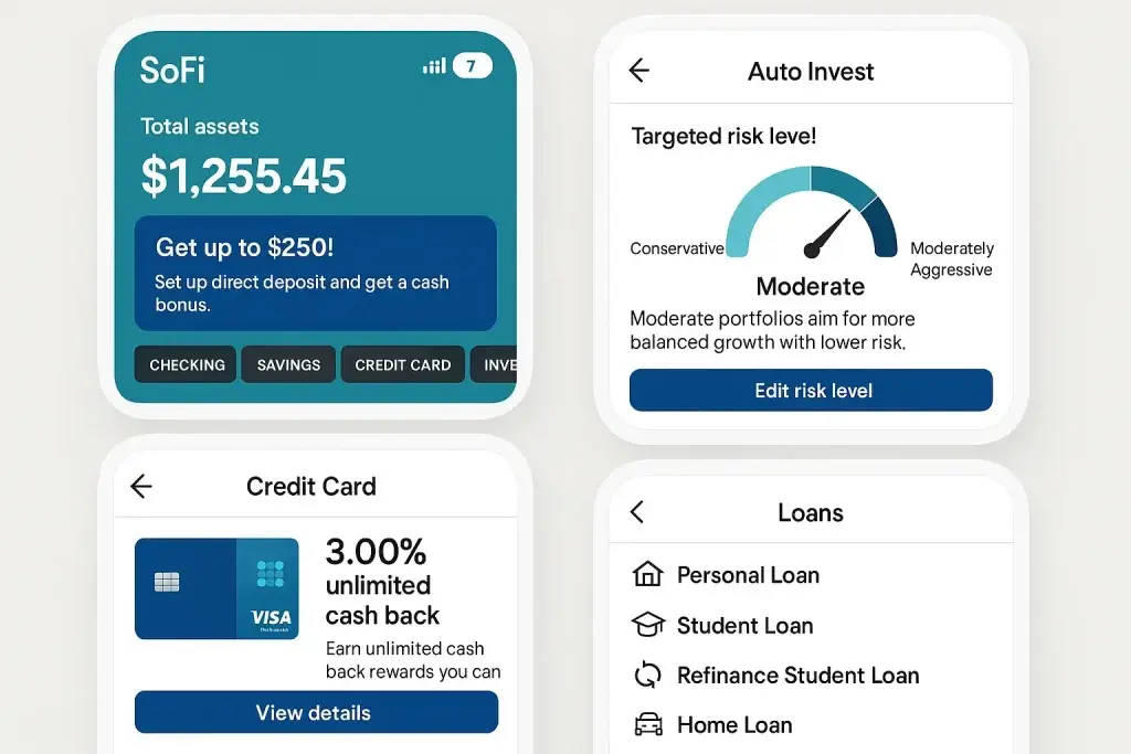 What is SoFi App and How Does It Work? 2 SoFi mobile app interface showing total assets dashboard, auto-invest risk level, credit card cashback screen, and loan options.