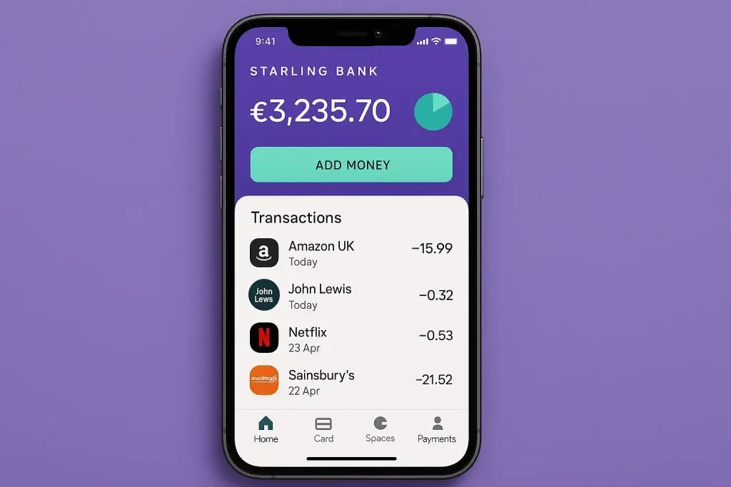 What is Starling Bank and How Does It Work? 1 Starling Bank mobile app interface showing current account balance, spending analytics circle, and recent transactions
