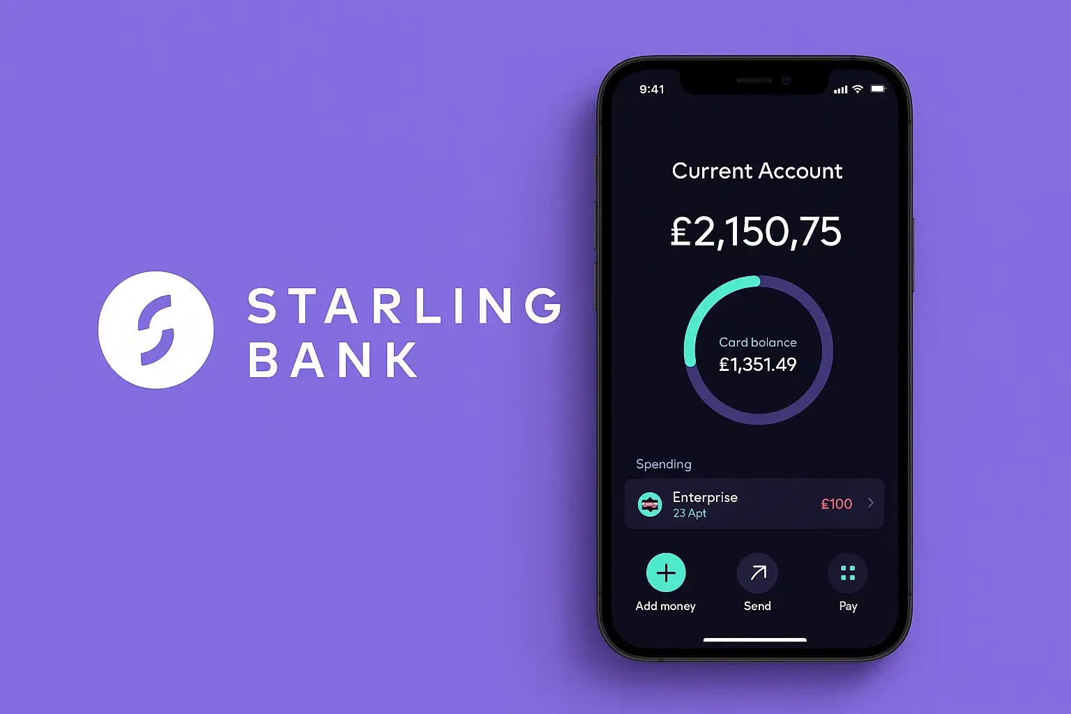 Starling Bank mobile app interface showing current account balance, card balance chart, and spending summary on a purple background.