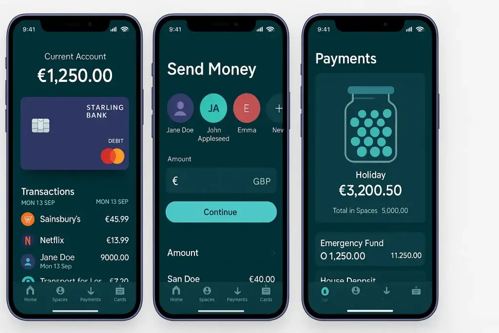 What is Starling Bank and How Does It Work? 2 Starling Bank mobile app showing current account balance, send money screen, and payments with savings spaces