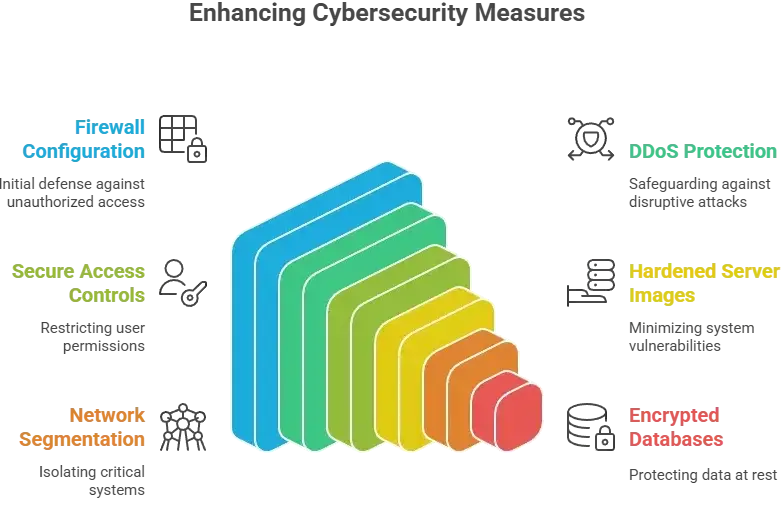 White-label Tinder App Security Explained: Risks, Myths, and Best Practices 2026 2 Tinder app infrastructure hardening diagram showing multi-layer security components such as firewalls, DDoS protection, encrypted databases, and secure servers.