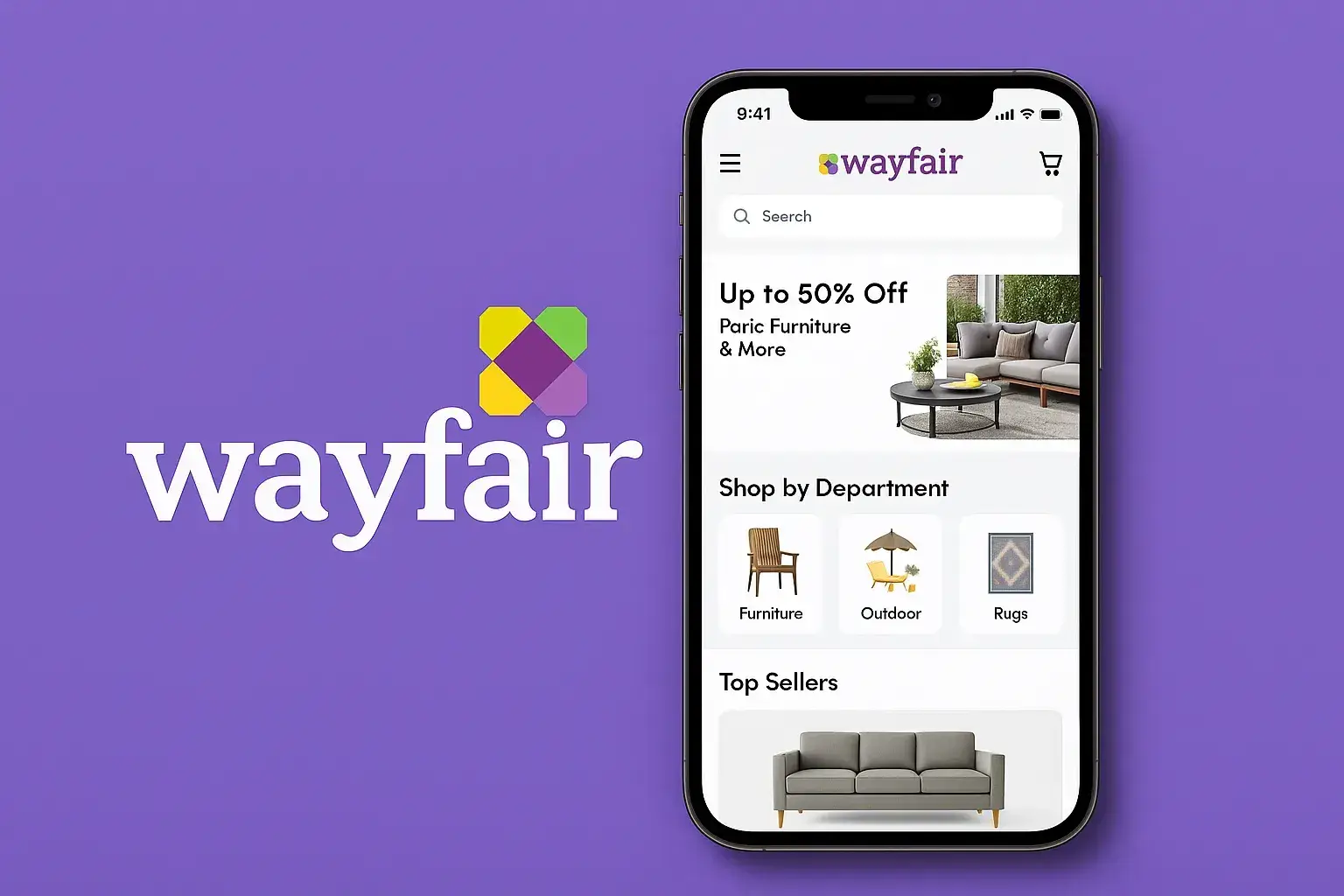 Wayfair app logo and mobile interface displaying home furniture and décor categories