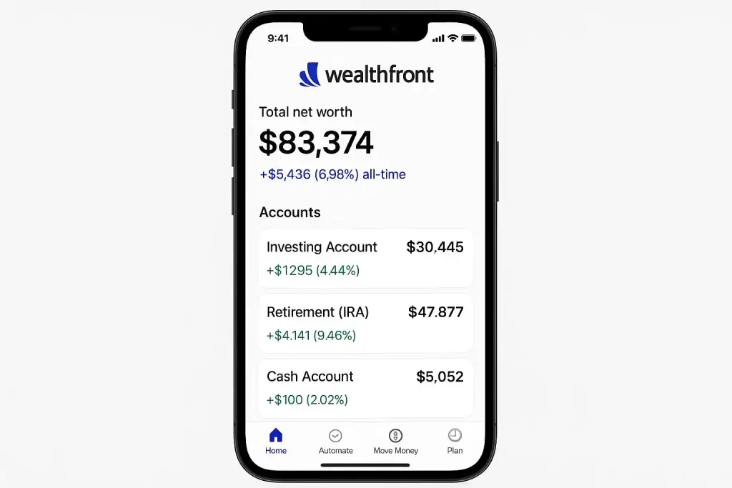 What is Wealthfront and How Does It Work? 1 Wealthfront mobile app showing total net worth, investing account balance, retirement IRA balance, and cash account details on a smartphone screen