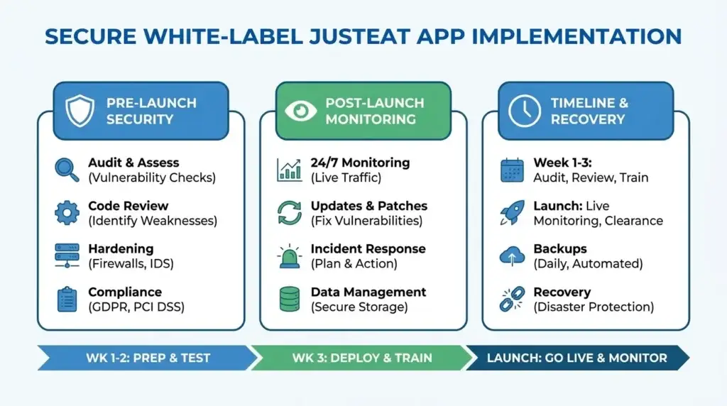 White-Label JustEat App Security: Risks, Compliance & Protection in 2026 2 Infographic showing secure white-label Just Eat app implementation with vulnerability audits, code review, firewall hardening, compliance checks, 24/7 monitoring, security patches, incident response, secure data storage, automated backups, disaster recovery, and phased launch preparation.