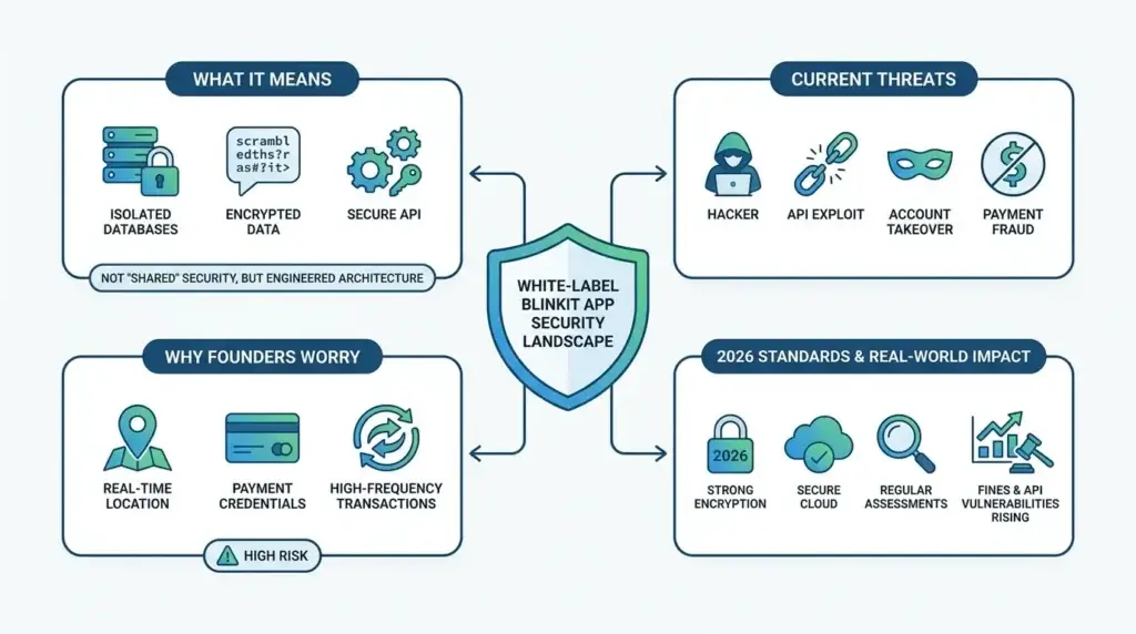 How Safe Is a White-Label Blinkit App? Security Guide 2026 1 Infographic explaining the white-label Blinkit app security landscape with isolated databases, encrypted data, secure APIs, real-time location risks, payment credentials, high-frequency transactions, hacker threats, API exploits, account takeover, payment fraud, encryption, secure cloud, and regular assessments.