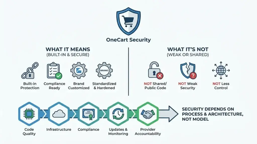 White-Label OneCart App Security: Risks, Compliance & Safety Explained 1 Infographic explaining white-label OneCart app security with built-in protection, compliance readiness, brand customization, hardened architecture, code quality, secure infrastructure, monitoring, provider accountability, and security misconceptions.
