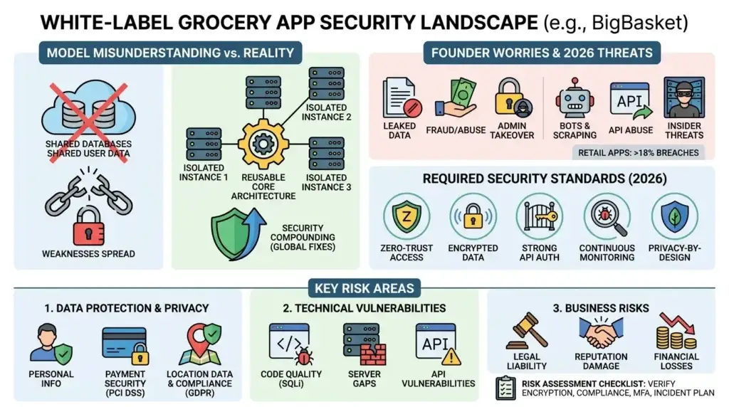 White-Label BigBasket App Security: Risks, Standards & Compliance 2026 1 Infographic explaining the white-label grocery app security landscape using a BigBasket-style platform example, including isolated databases, reusable core architecture, leaked data, fraud, admin takeover, bots, scraping, API abuse, insider threats, encryption, zero-trust access, privacy, payment security, and business risks.