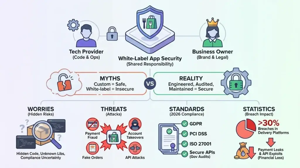White-Label JustEat App Security: Risks, Compliance & Protection in 2026 1 Infographic explaining white-label food delivery app security with shared responsibility between the technology provider and business owner, security myths, hidden code risks, payment fraud, fake orders, account takeovers, API attacks, GDPR, PCI DSS, ISO 27001, secure APIs, and breach impact.