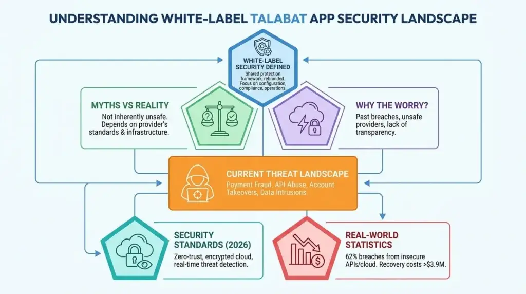 White-Label Talabat App Security: Risks, Compliance & Protection Guide 1 Infographic explaining the white-label Talabat app security landscape with myths versus reality, provider responsibility, payment fraud, API abuse, account takeovers, data intrusions, zero-trust security, encrypted cloud infrastructure, real-time threat detection, breach statistics, and recovery costs.