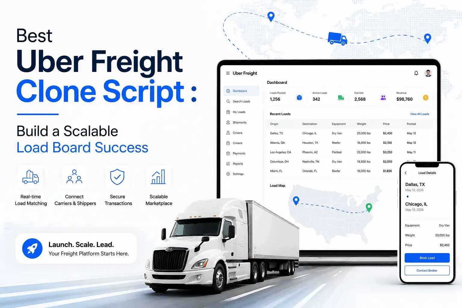 Best Uber Freight clone script featuring real-time load matching, carrier and shipper connections, secure transactions, and scalable load board management