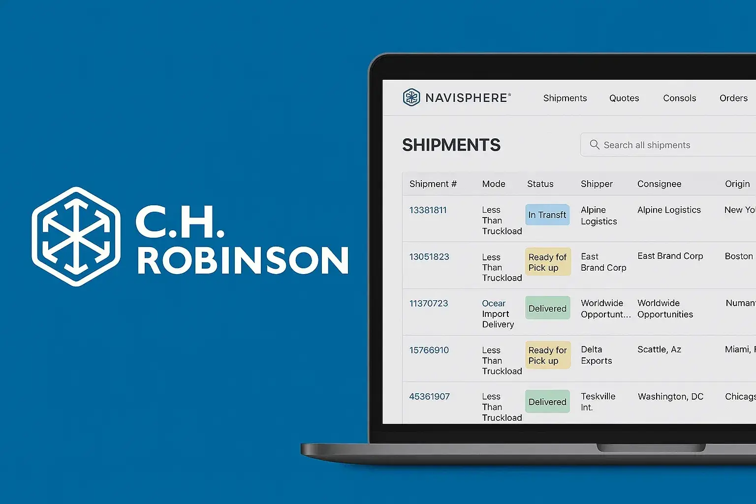 C.H. Robinson Navisphere shipment management dashboard showing shipment list, freight modes, delivery status, shipper details, consignee information, and logistics tracking interface