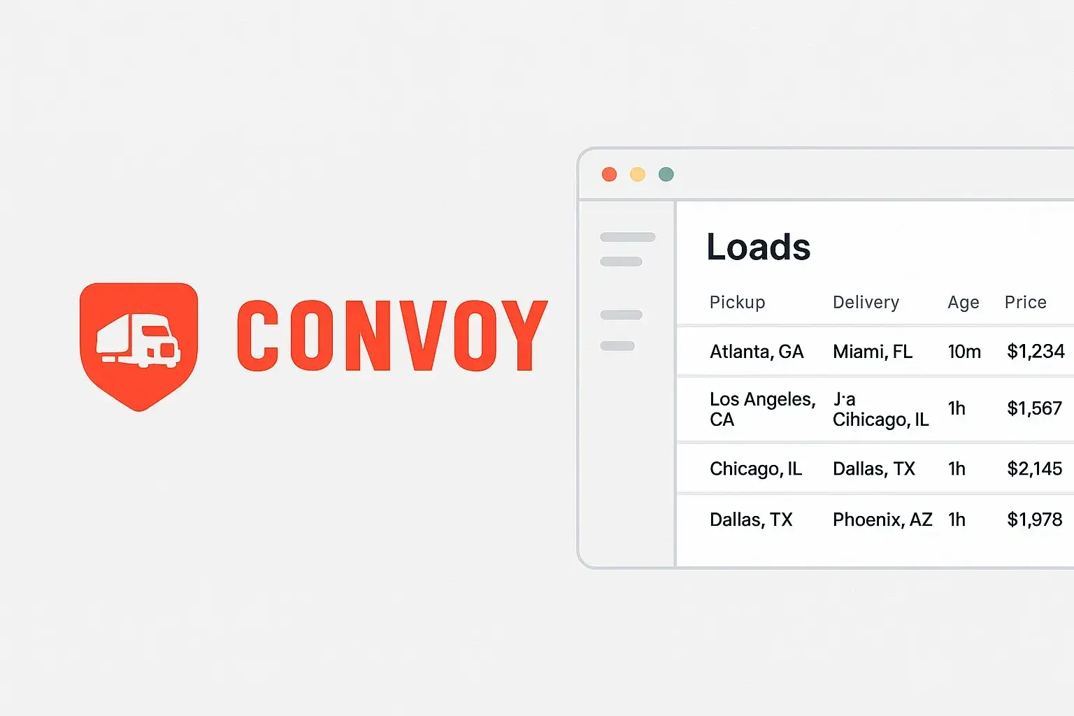 Convoy freight load board dashboard showing pickup delivery age price and available loads