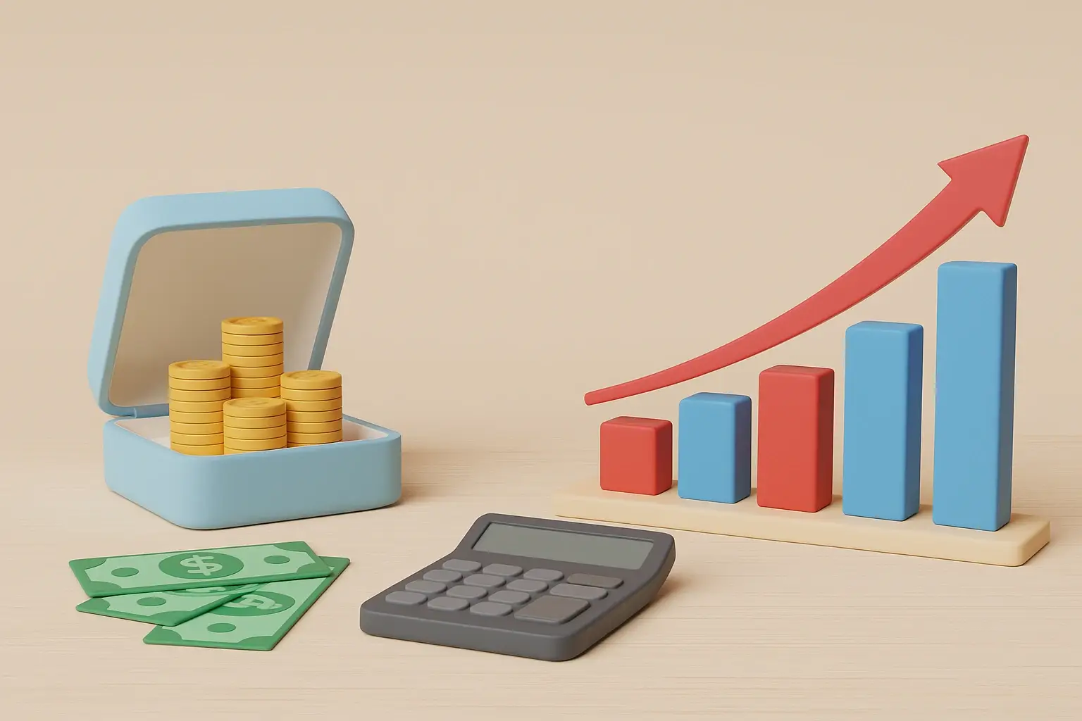 Creative financial growth illustration with rising bar graph, coins, and calculator representing Coupang’s 2025 revenue model.