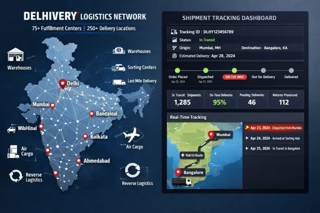 What is Delhivery and How Does It Work? 1 Delhivery logistics network dashboard showing India-wide fulfillment centers, warehouses, sorting hubs, air cargo routes, reverse logistics, and real-time shipment tracking from Mumbai to Bangalore with delivery status, estimated delivery date, and performance analytics.