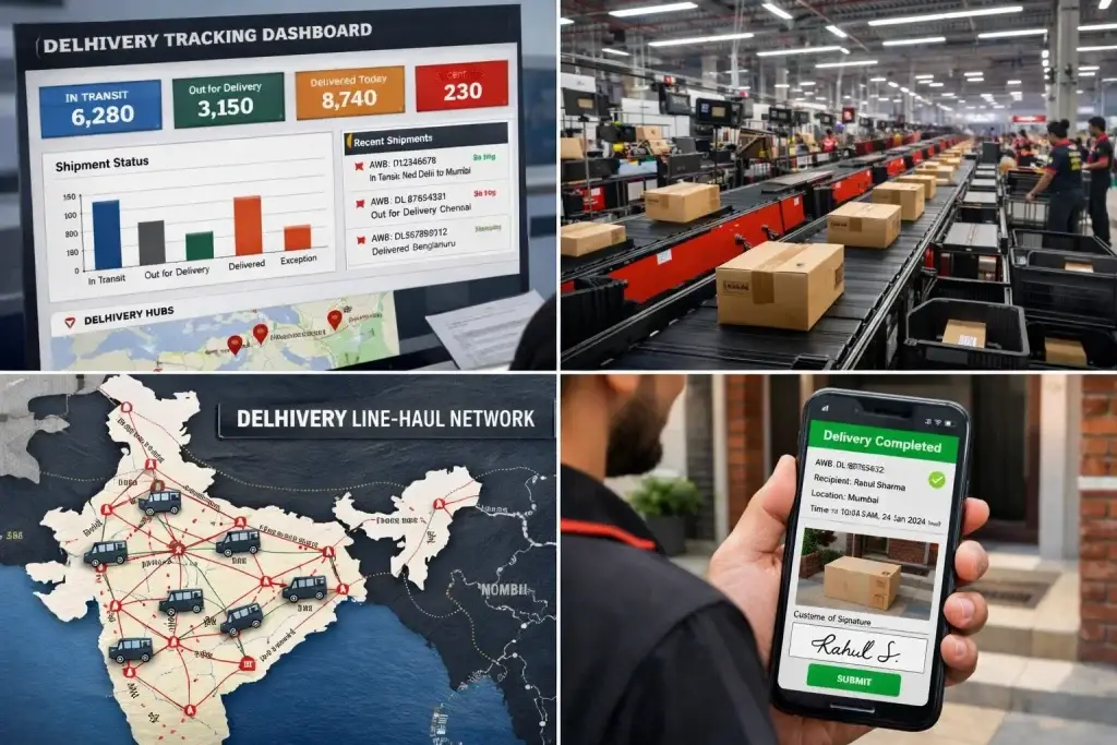 What is Delhivery and How Does It Work? 2 Delhivery logistics operations showing shipment tracking dashboard, automated warehouse sorting facility, line-haul transportation network across India, and last-mile delivery confirmation using mobile proof of delivery with customer signature.