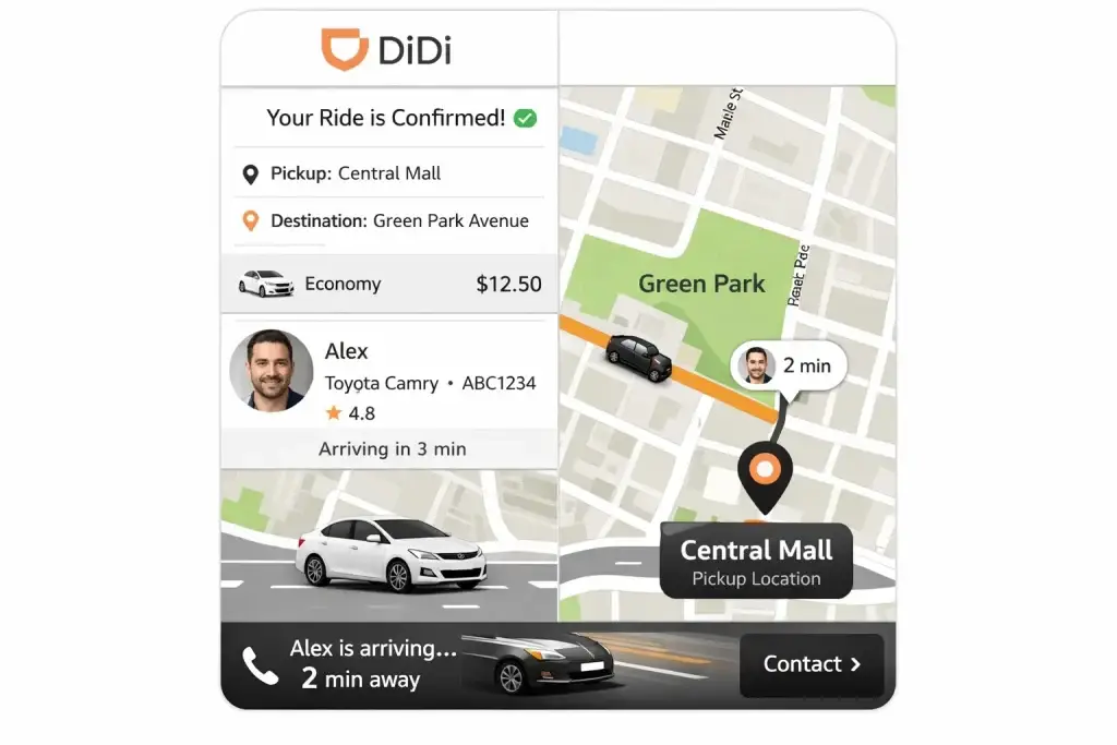 What is DiDi and How Does It Work? 1 DiDi ride-hailing app screen showing a confirmed ride from Central Mall to Green Park Avenue with driver details, fare, car photo, and live car location on a city map