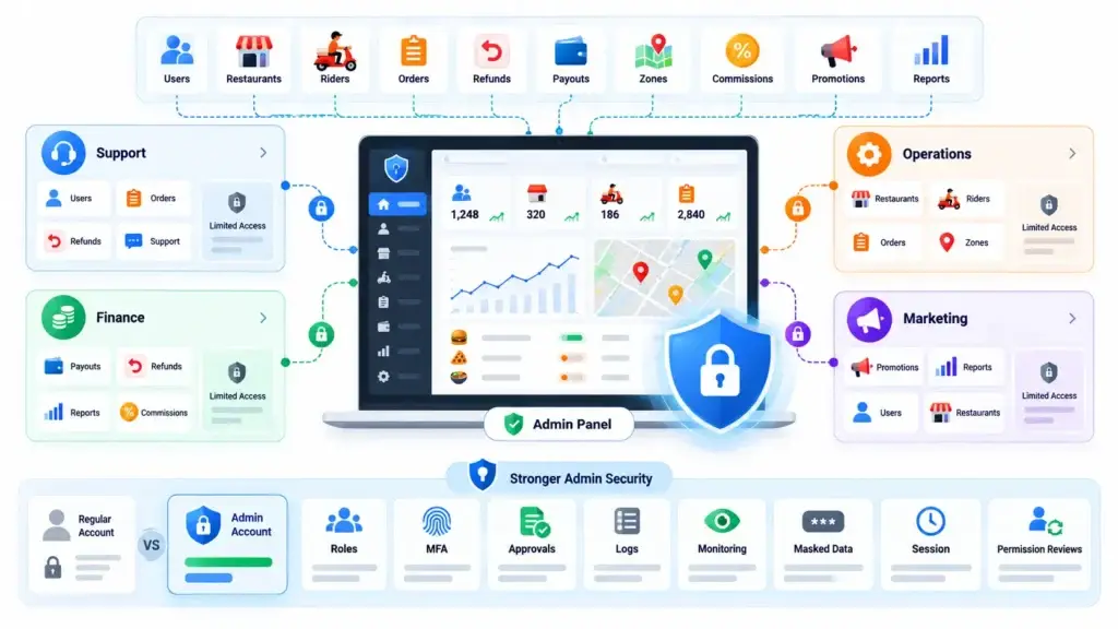 Trust and Security in an On-Demand Food Delivery Platform: Payments, Accounts, Restaurant Access, and Delivery Operations 2 Food delivery admin panel security with role-based access for support, finance, operations, marketing, users, restaurants, riders, refunds, payouts, and reports