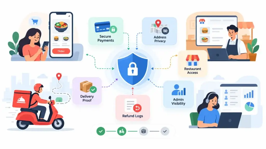 Trust and Security in an On-Demand Food Delivery Platform: Payments, Accounts, Restaurant Access, and Delivery Operations 1 Food delivery marketplace security controls for customer payments, address privacy, restaurant access, delivery proof, refunds, and admin visibility