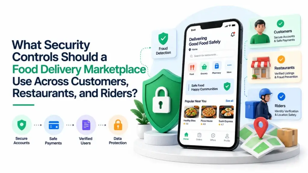 Food delivery marketplace security controls for customers, restaurants, riders, payments, and data protection