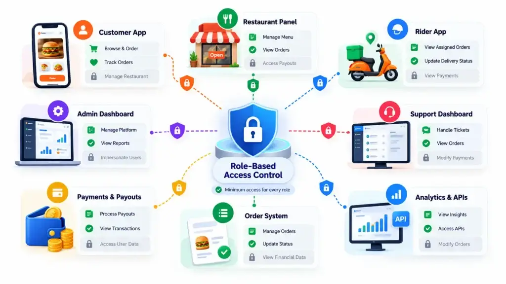 What Security Controls Should a Food Delivery Marketplace Use Across Customers, Restaurants, and Riders? 1 Role-based access control system for customer, restaurant, rider, admin, support, payment, order, and analytics modules