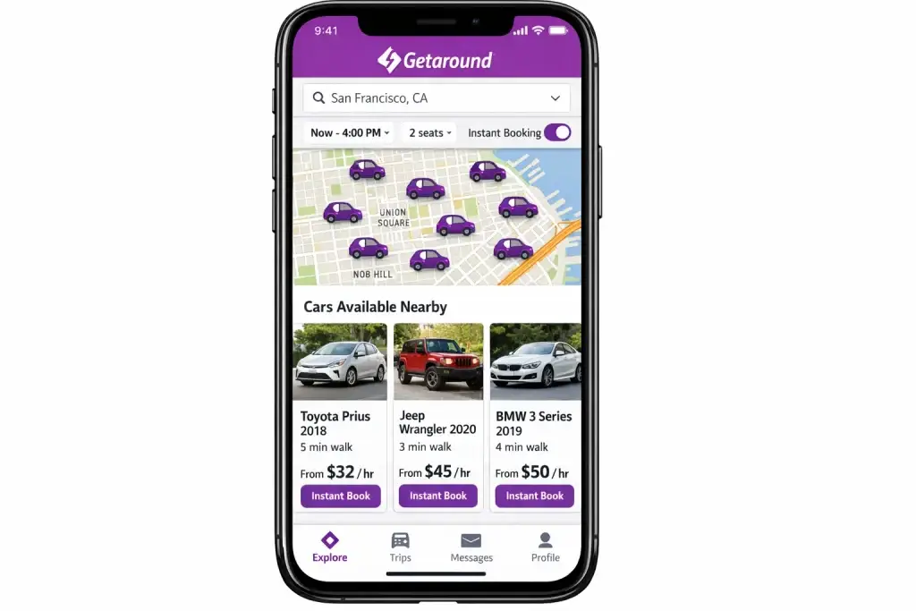 What is Getaround and How Does It Work? 1 Getaround car sharing app screen showing nearby available cars on a city map with instant booking enabled, hourly rental pricing, vehicle listings, and location-based discovery for peer-to-peer car rentals in San Francisco.
