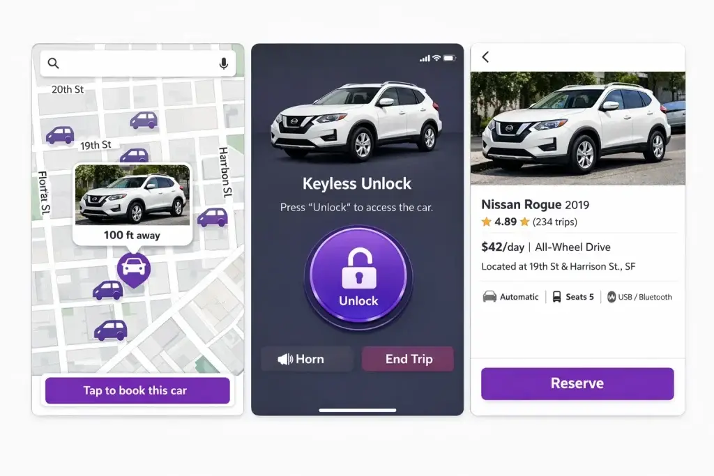 What is Getaround and How Does It Work? 2 Getaround car sharing app interface showing nearby available cars on a city map, keyless unlock screen with digital access controls, and detailed car listing with pricing, ratings, location, and reserve button for instant peer to peer car rental.