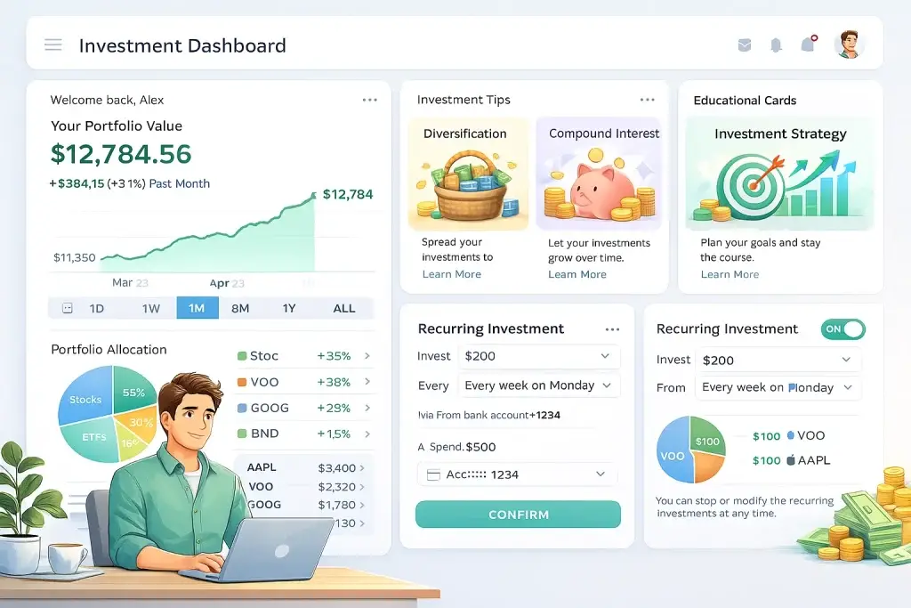 What Is Stash and How Does It Work? 2 Investment dashboard interface showing portfolio value growth, monthly performance chart, asset allocation pie chart, stock and ETF holdings, educational investment tips, and recurring investment setup with weekly automated contributions.