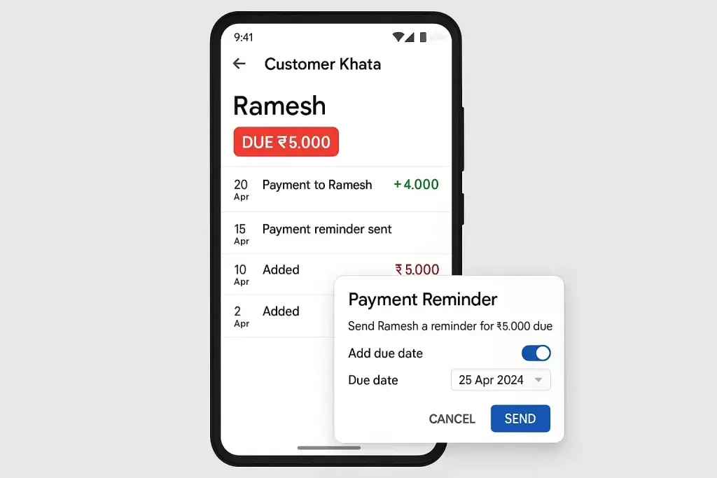 What is Khatabook and How Does It Work? 2 Khatabook app customer khata screen showing Ramesh account with โน5,000 due balance, payment history, added credit entries, and payment reminder popup with due date selection and send option.
