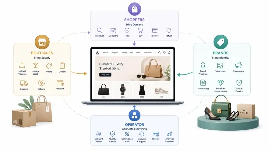 Luxury Fashion Marketplace Business Model: How Boutiques, Brands, and Shoppers Connect 1 Luxury fashion marketplace ecosystem connecting boutiques, brands, shoppers, and platform operators through products, orders, payouts, commissions, and quality control