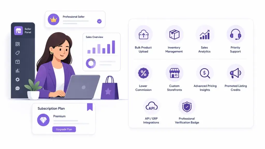 How Luxury Fashion Marketplaces Generate Revenue From Commissions, Services, and Partner Sales 2 Luxury fashion marketplace seller subscription features including bulk product upload, inventory management, analytics, lower commissions, custom storefronts, API integrations, and priority support