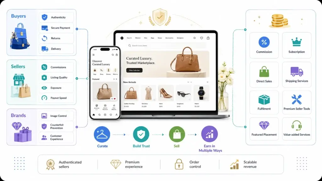 How Luxury Fashion Marketplaces Generate Revenue From Commissions, Services, and Partner Sales 1 Luxury fashion marketplace trust and revenue model with buyer authenticity, secure payments, seller commissions, brand protection, subscriptions, fulfillment, and premium services
