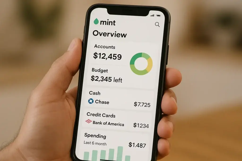 What Is Mint App and How Does It Work? 1 Hand holding a smartphone displaying the Mint app financial overview screen, showing total accounts balance of $12,459, remaining budget of $2,345 with a circular chart, cash balance from Chase, credit card balance from Bank of America, and recent spending summary.